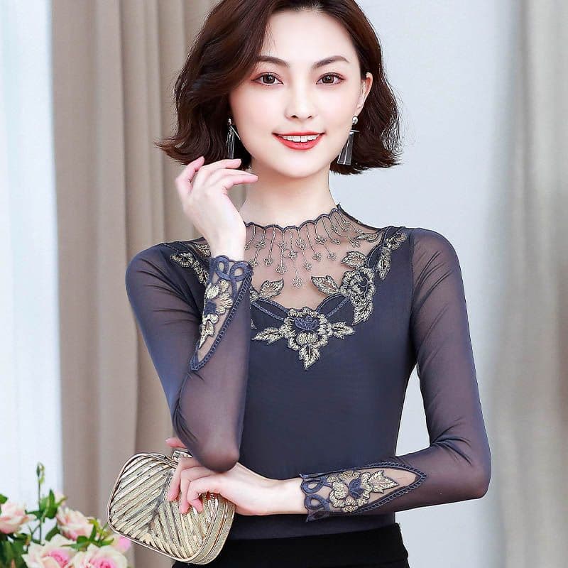 Lace Base Top Women Long Sleeve 2024 Autumn New Fashion Sexy Hollow Semi-High Neck Lace Blouse Women's Shirt