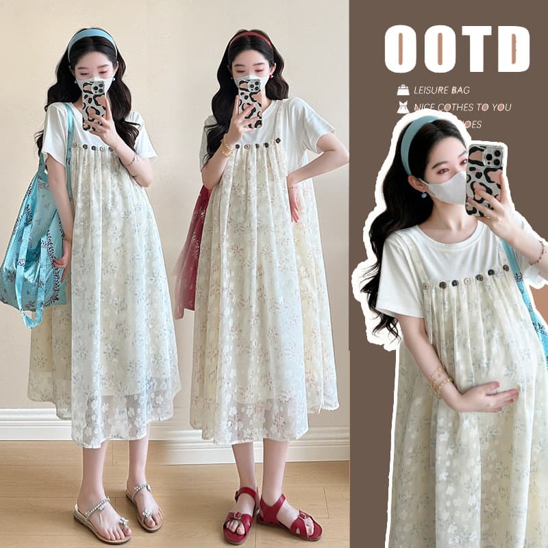 Maternity Dress Summer Trendy New Mom Style Slimming Faux Layered Suspender Dress Loose Fit Conceals Belly Premium Look