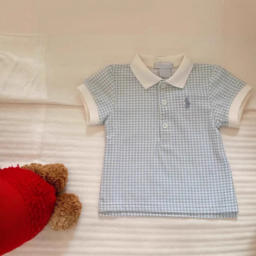 Summer 2026 New Arrival Baby Girl Versatile Polo Collar Short-Sleeve Shirt, Blue Plaid Stylish Top for Girls