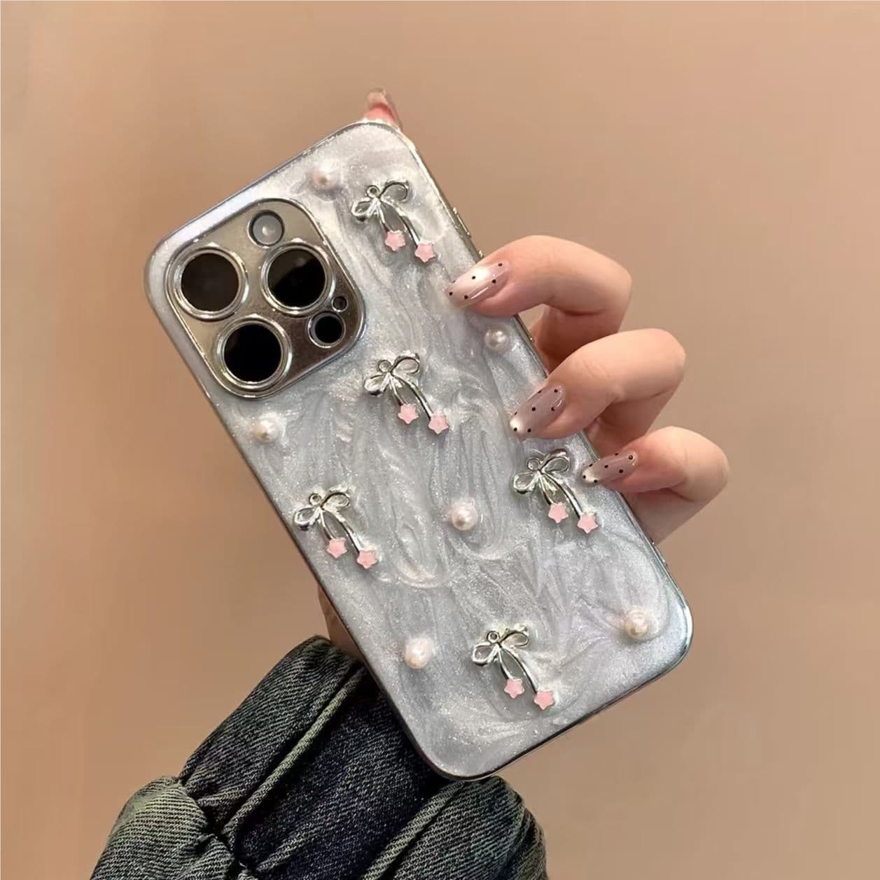 Ink Pearl Bow Phone Case Compatible with iPhone 17 Pro Max, iPhone 16 Pro, iPhone 15, Advanced X
