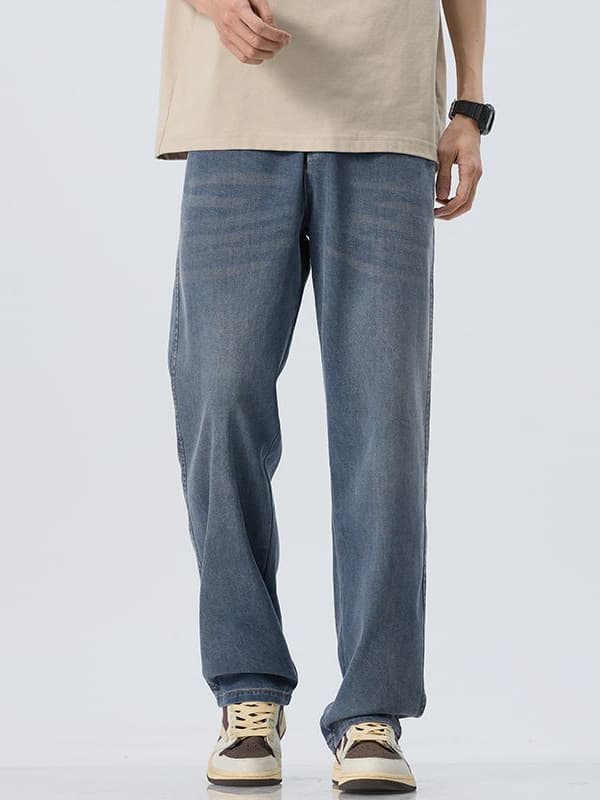 Men's Summer Thin Lyocell Straight Jeans Hong Kong Style Mid-Rise Tencel Jeans for Men