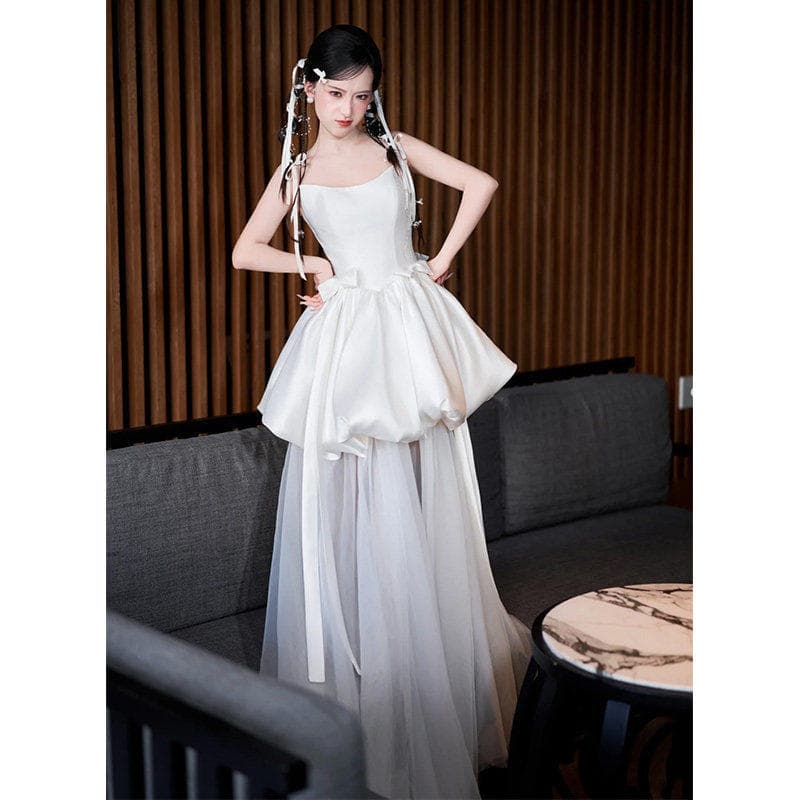 French Satin Strapless Morning Robe for Women Bride European American Style Forest Fairy Elegant Going-Away Light Wedding Dress Ceremony Gown