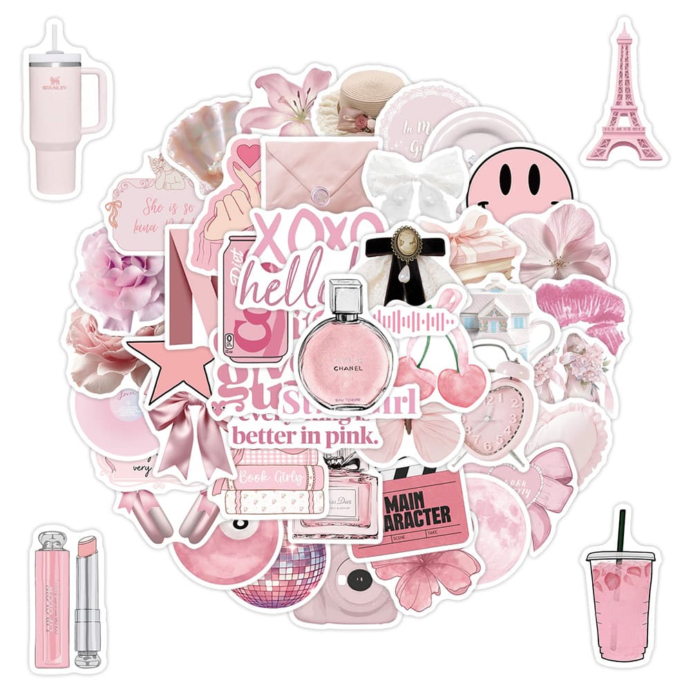 50 Pink Series Graffiti Stickers, Waterproof Decals for Water Bottles and Computers, Cartoon Pink Fresh Stickers Wholesale