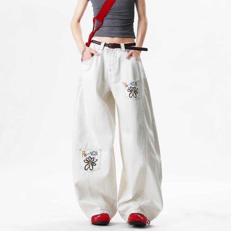American Daisy Print Curved Jeans for Women 2025 Summer Design White Wide Leg Straight Work Pants
