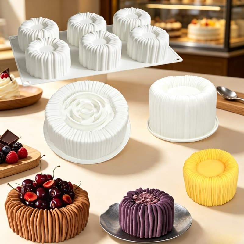 Cross-border FCM 6-piece Charlotte Mousse Cake Mold Grooved Cylindrical Chocolate Silicone Mold DIY Baking Tools