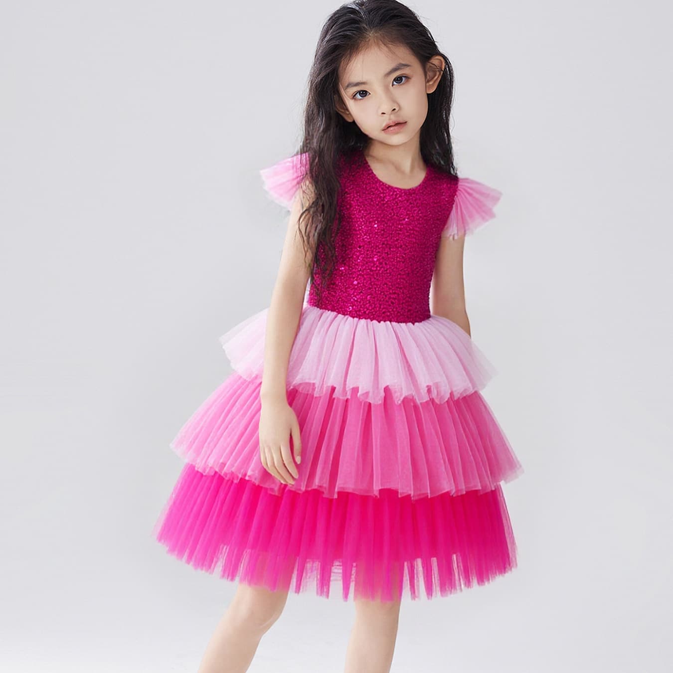 Leaf Clothing New Dress Children's Performance Dress Puff Skirt Gradient Pink Sequin Cake Princess Dress