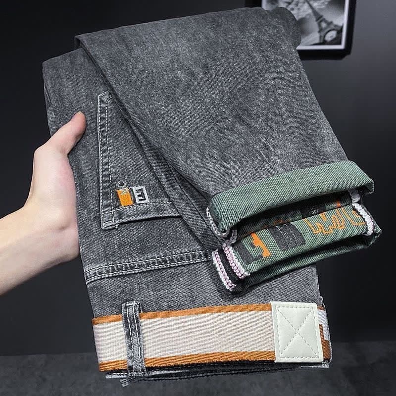 Men's Jeans Spring/Autumn New Style Versatile Trendy Stretch Slim Straight Ash Gray Printed Long Pants High Elastic Casual Trousers