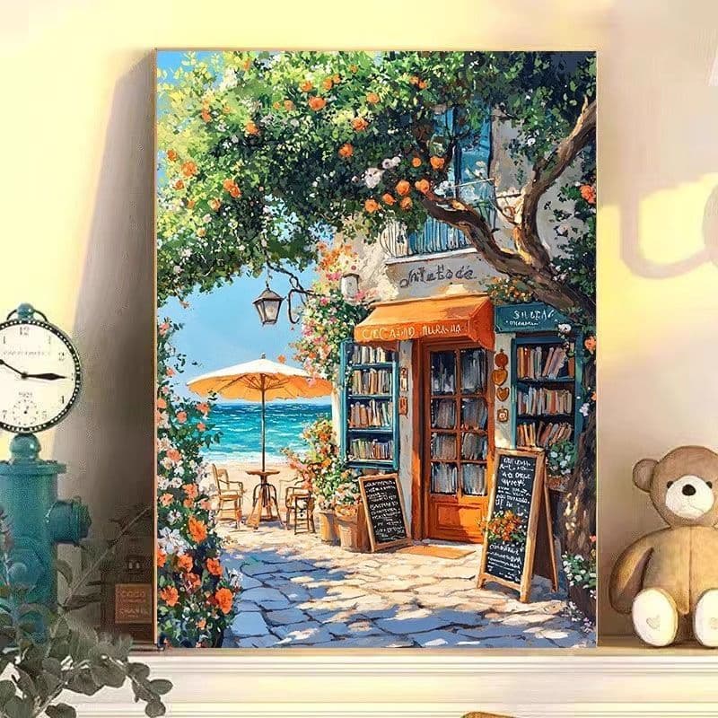 Seaside bookstore, Hayao Miyazaki style living room decoration painting, healing scenery, restaurant cafe atmosphere hanging painting