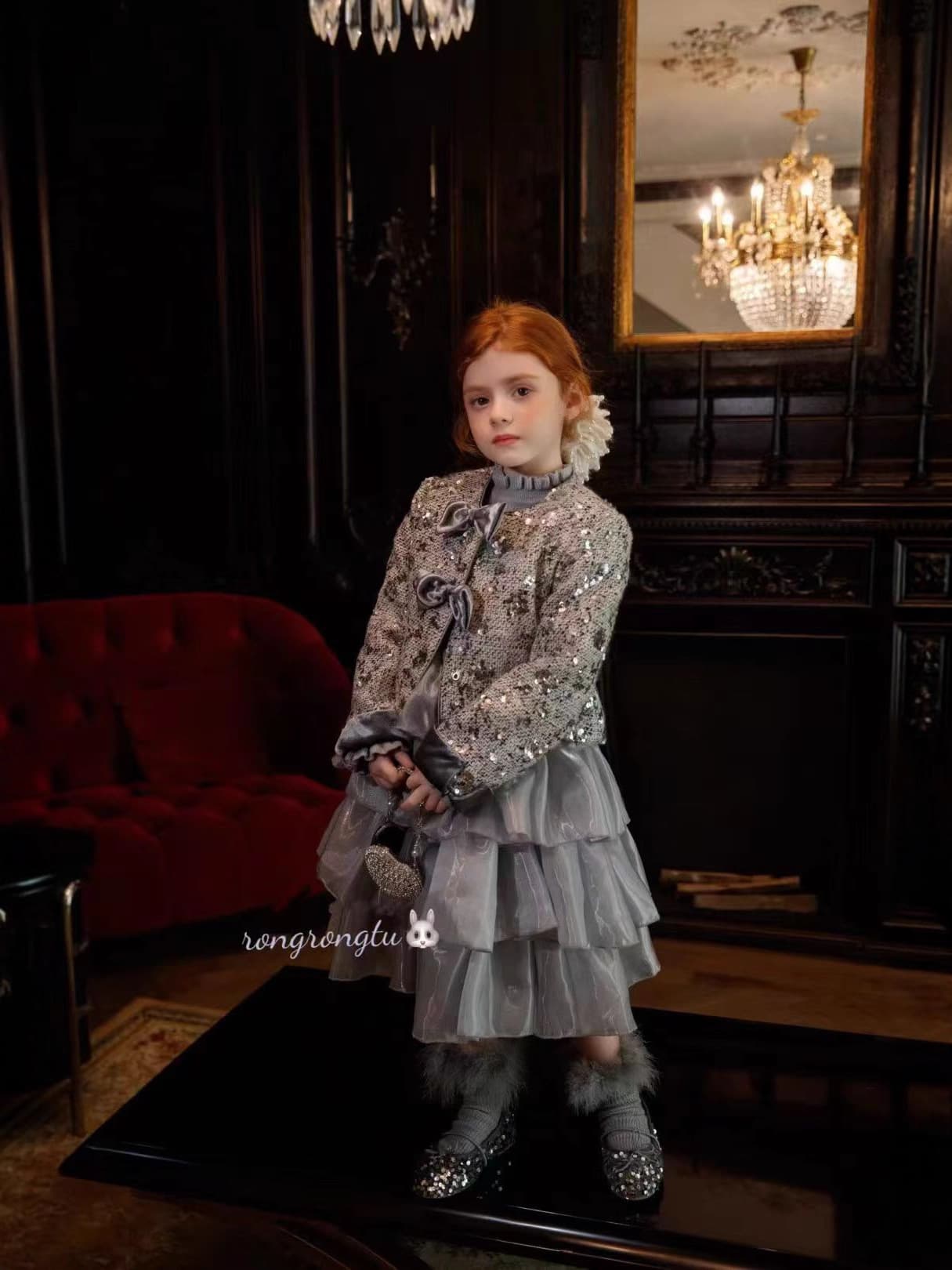 Girls Autumn Winter Premium Gray Sequin Cake Dress Princess Gown Little Chanel Style Jacket Birthday Vest Dress