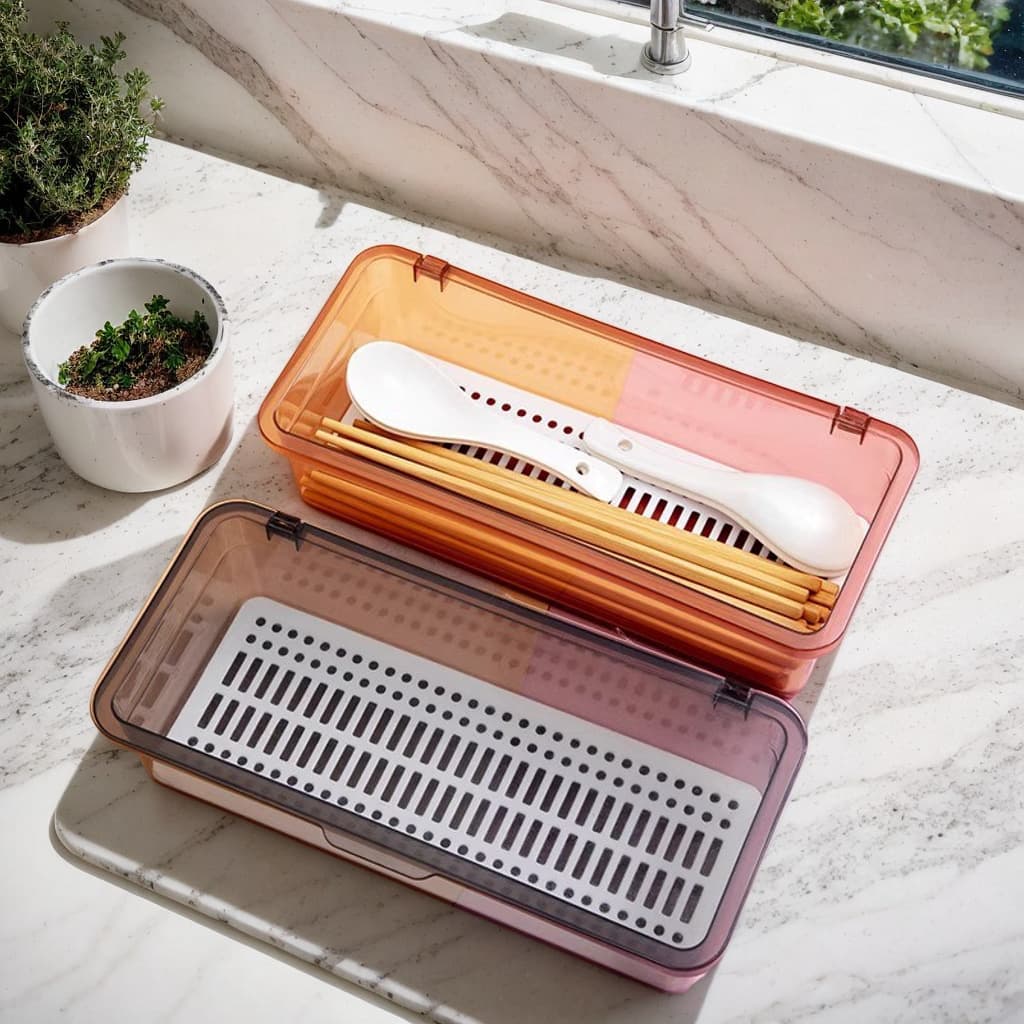 Wholesale tea set and tableware rectangular draining chopstick holder with flip-top dust-proof multifunctional transparent chopstick container