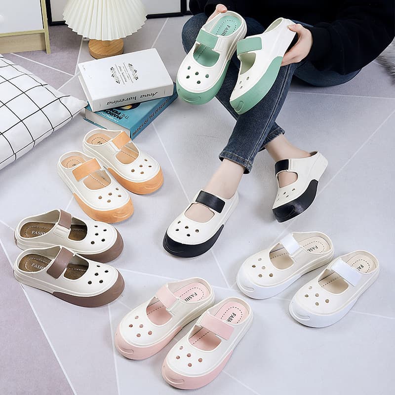 2024 New Mary Jane Summer Fashion Outdoor Beach Sandals Women's Hollow Thick Sole Hole Shoes Half Slippers