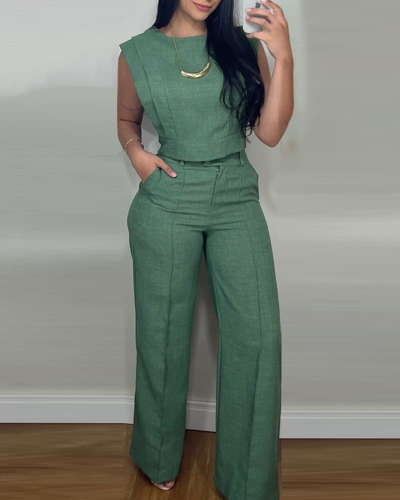 2026 Slim and Cute Fresh Sweet Women's Sleeveless Top Straight Leg Linen Casual Set Linen Suit