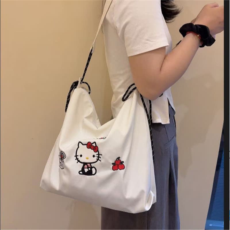 Hello Kitty Canvas Bag for Women 2025 New Summer Single Shoulder Cute Embroidery Large Capacity Commuter Tote Bag