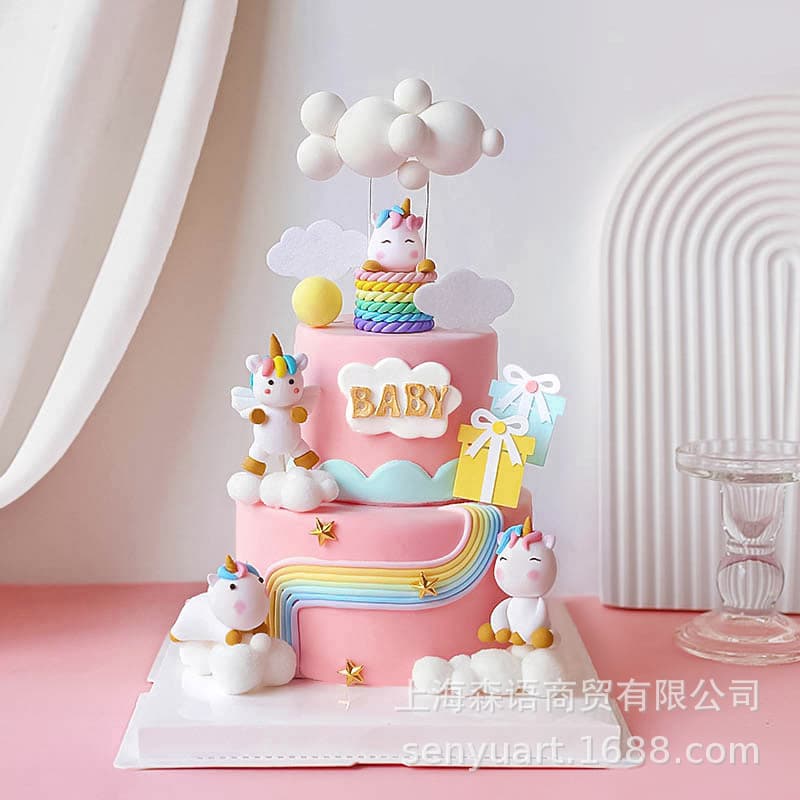 Cake baking decoration cartoon soft clay unicorn basket cloud balloon birthday gift box decoration dessert tablecloth