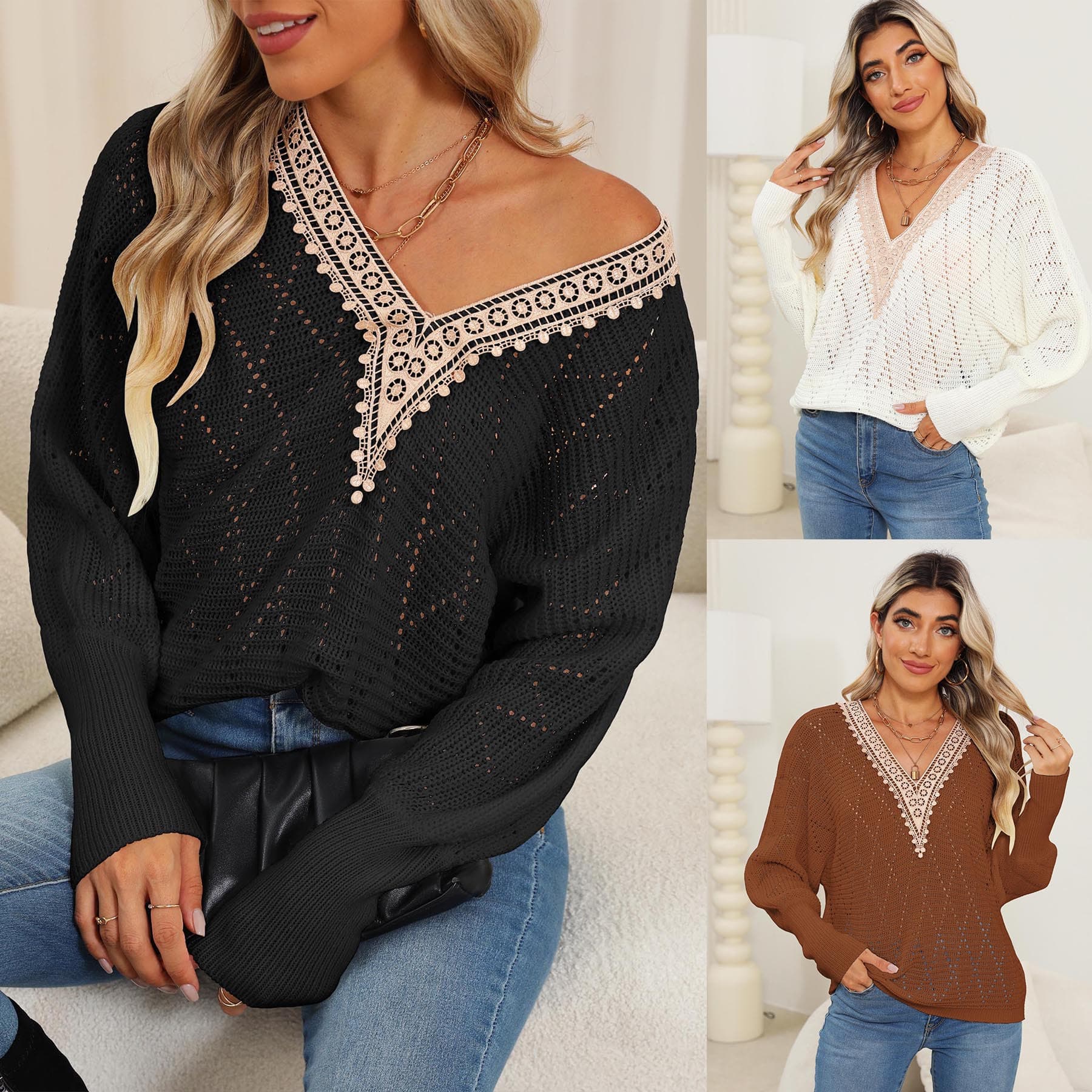 Women's Top Cross-Border European and American Fashion Autumn/Winter Hollow Knit Sweater Lace V-Neck Batwing Sleeve Sweater