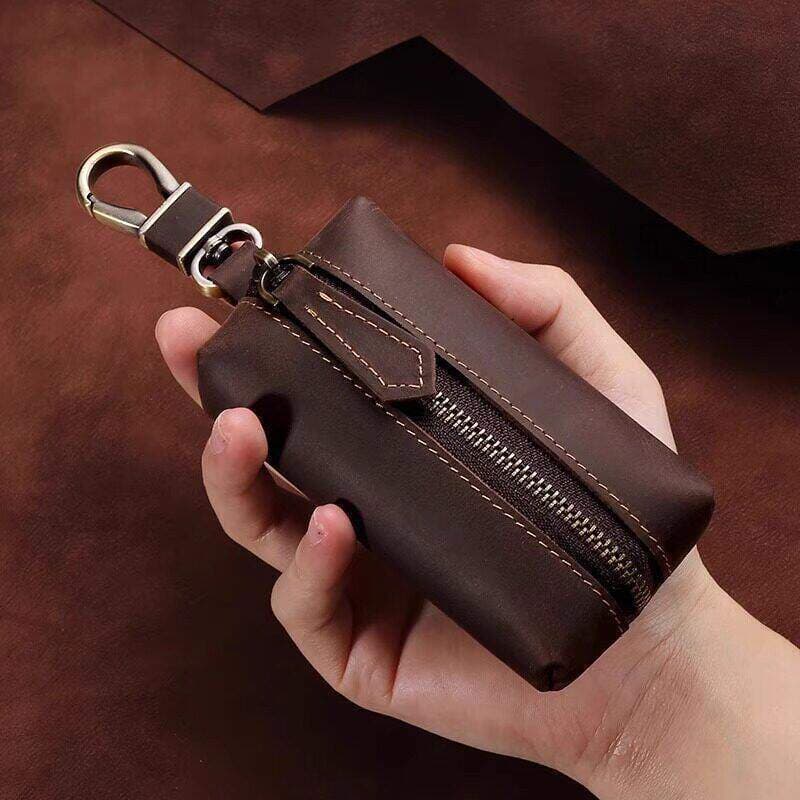 Original Handmade Vintage Top-Grain Leather Car Key Case, Vegetable-Tanned Genuine Leather Key Organizer for Men and Women