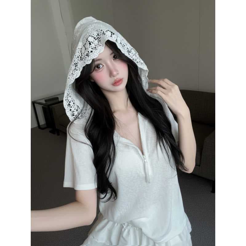 Real Photos Real Prices Design Sense Loose Slimming Half-Zip Hooded Shirt Women Lace Trim Short Skirt Two-Piece Set