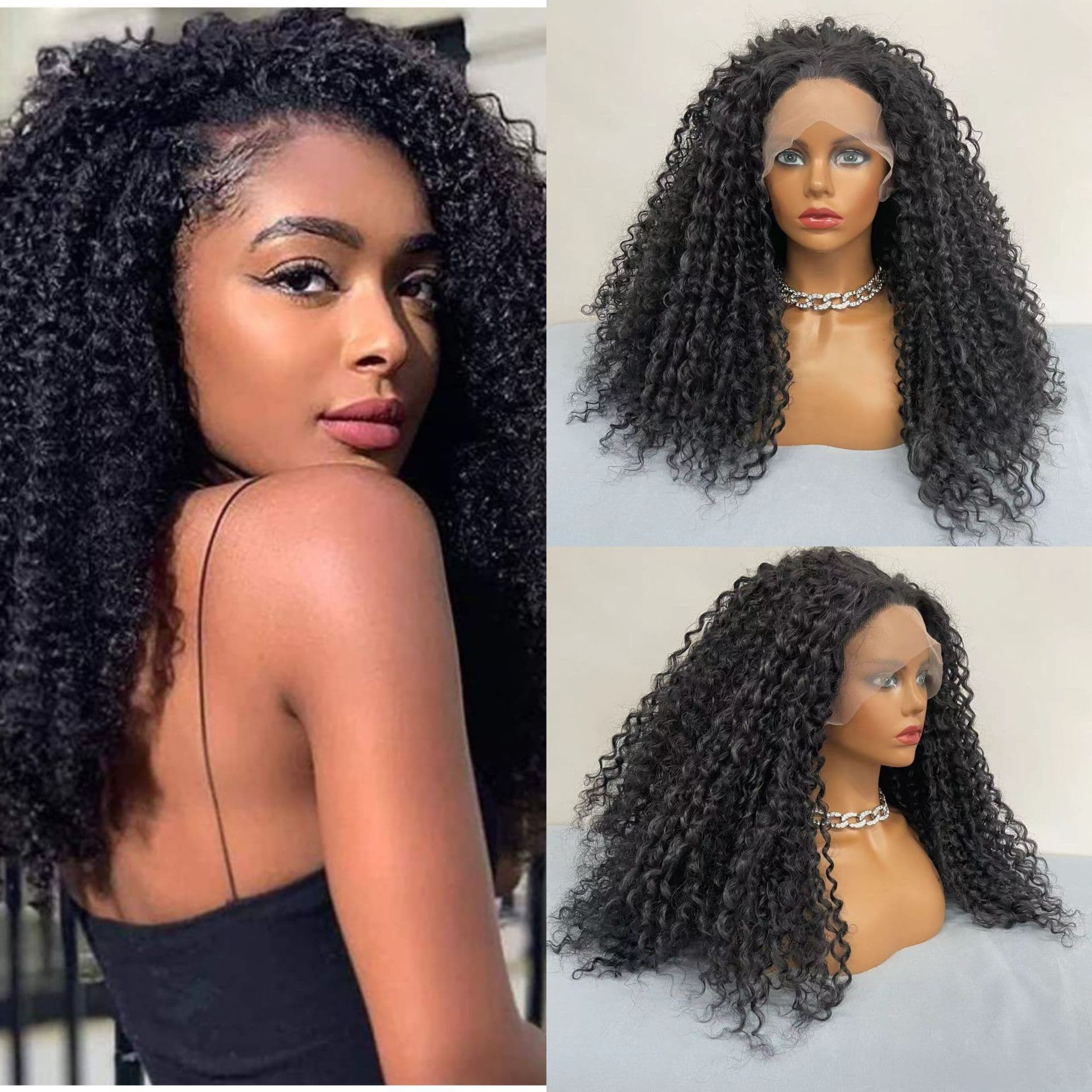 European and American wigs African small curly hair 13x4 front lace middle part small curly long curly hair synthetic high-temperature fiber wig wholesale
