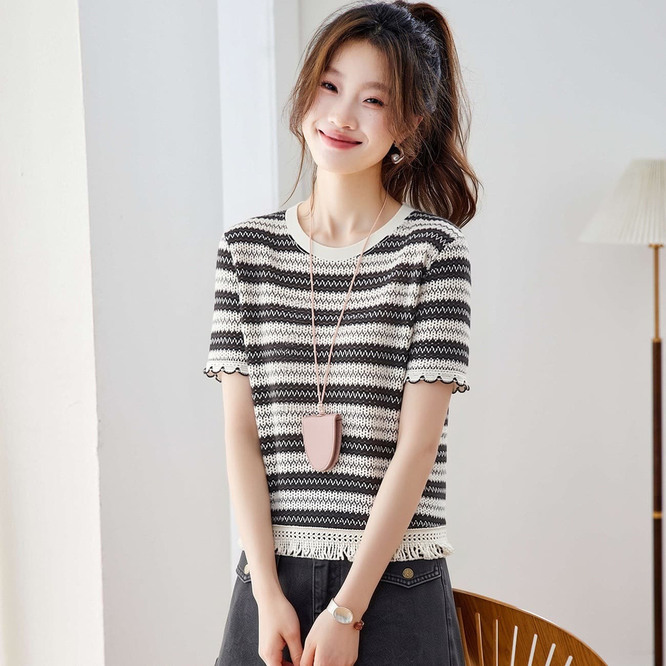Summer Thin Tassel Slim-Fit Stylish Regular Shoulder T-Shirt for Young Moms, Striped Ice Silk Short-Sleeve Knit Top for Women