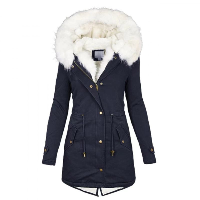 Warm Cotton Padded Jacket with Fur Collar Mid-Length Autumn Winter Outerwear Slimming Design Long Sleeve Women's Coat