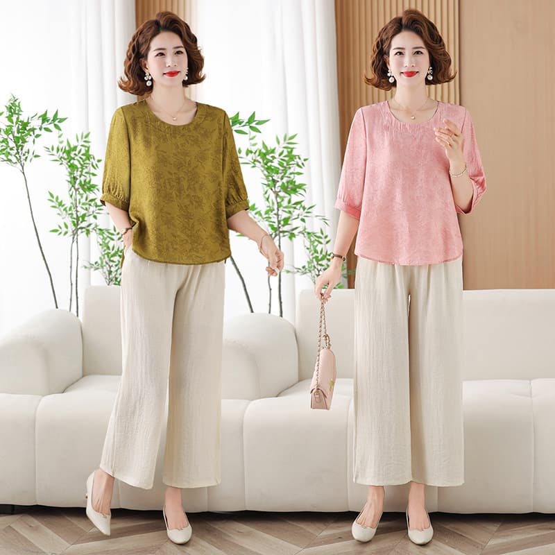 Quality Assurance Age-Defying Mother Plus Size Jacquard Summer New Simple Style Short Sleeve Plus Size Silk Two-Piece Set