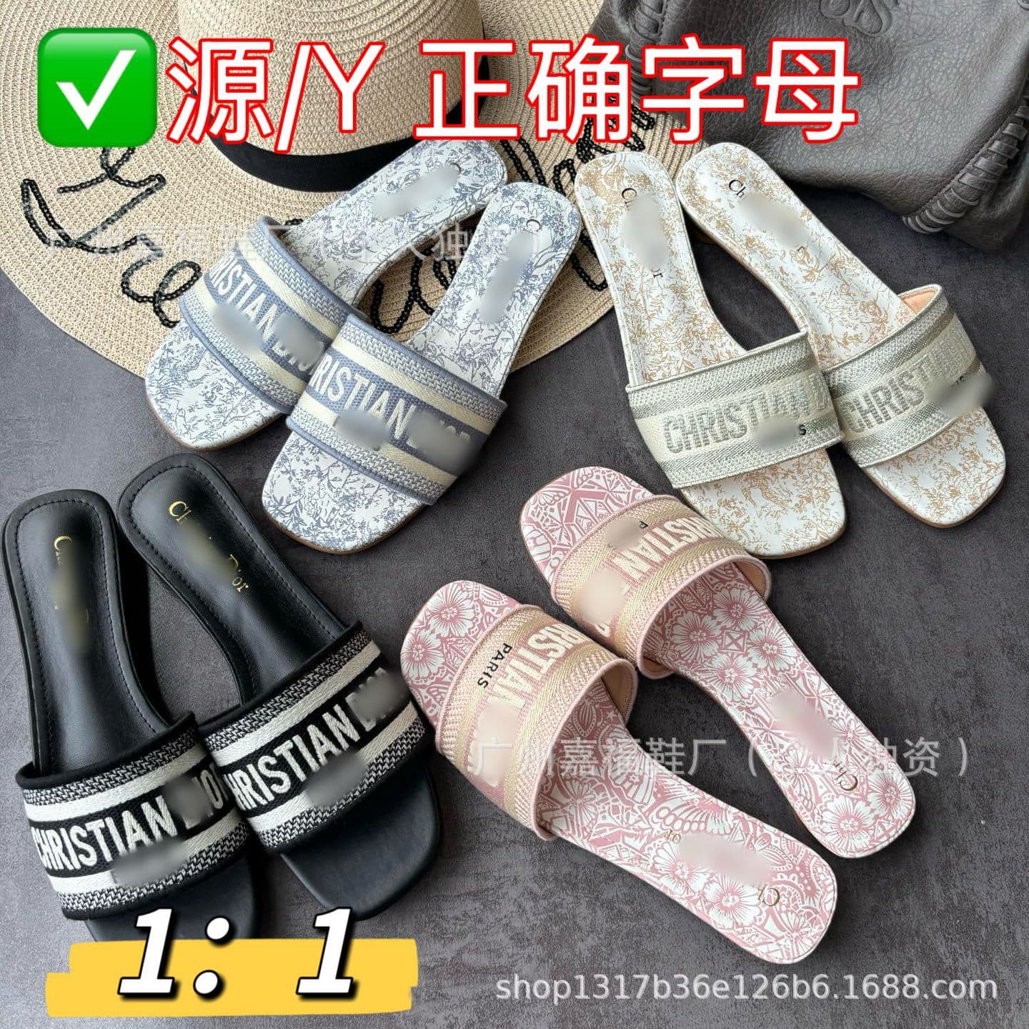 High-End Embroidered Slippers for Women with Round Heels, Rhinestones, and a Single Strap, Suitable for Export, with Chunky Heels and Genuine Leather for Outdoor Wear