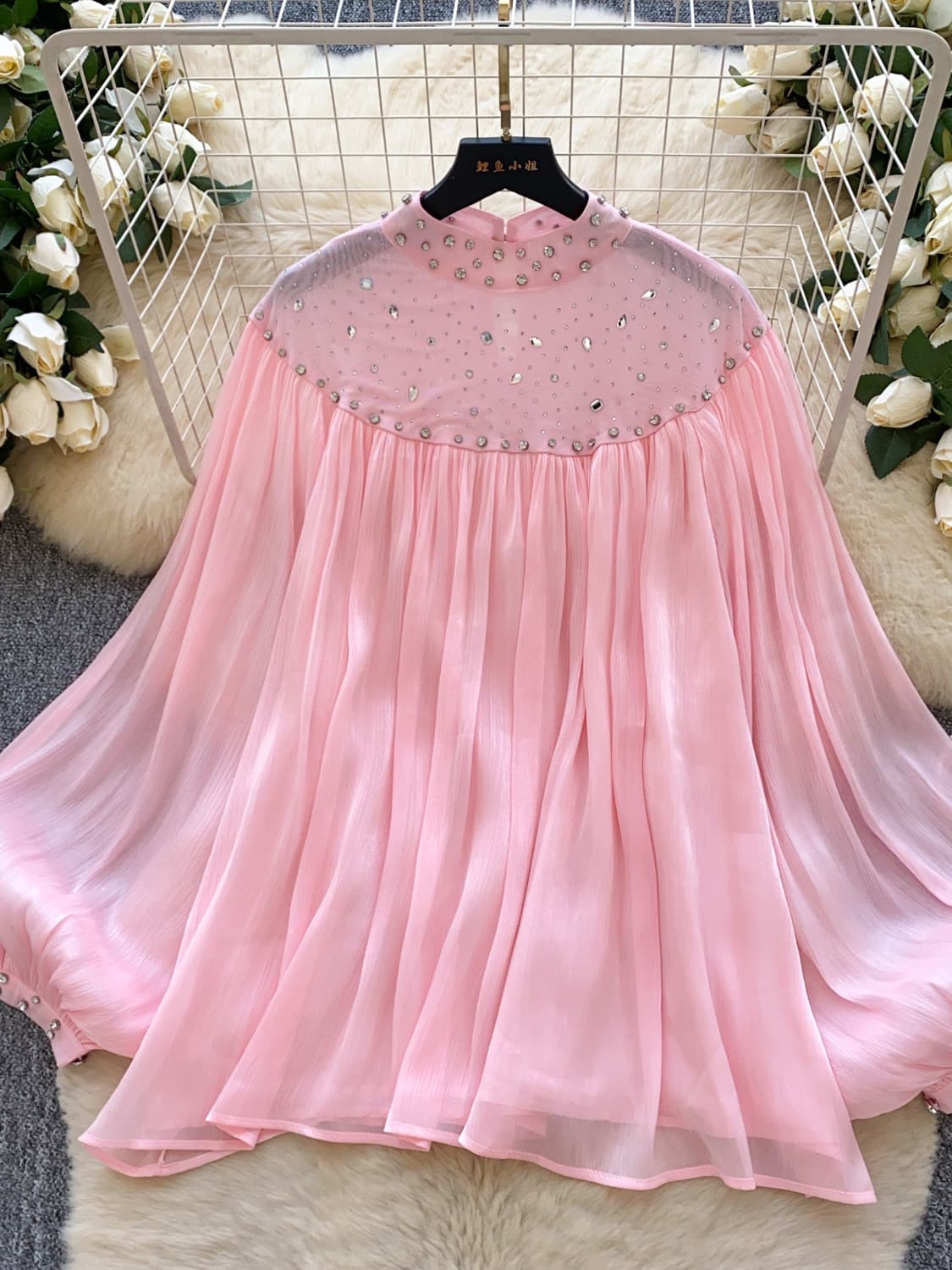 Fairy-inspired Versatile High-End Rhinestone Mesh Spliced Lantern Sleeve Blouse for Women, Autumn French-Style Loose Fit Slimming Top Trendy