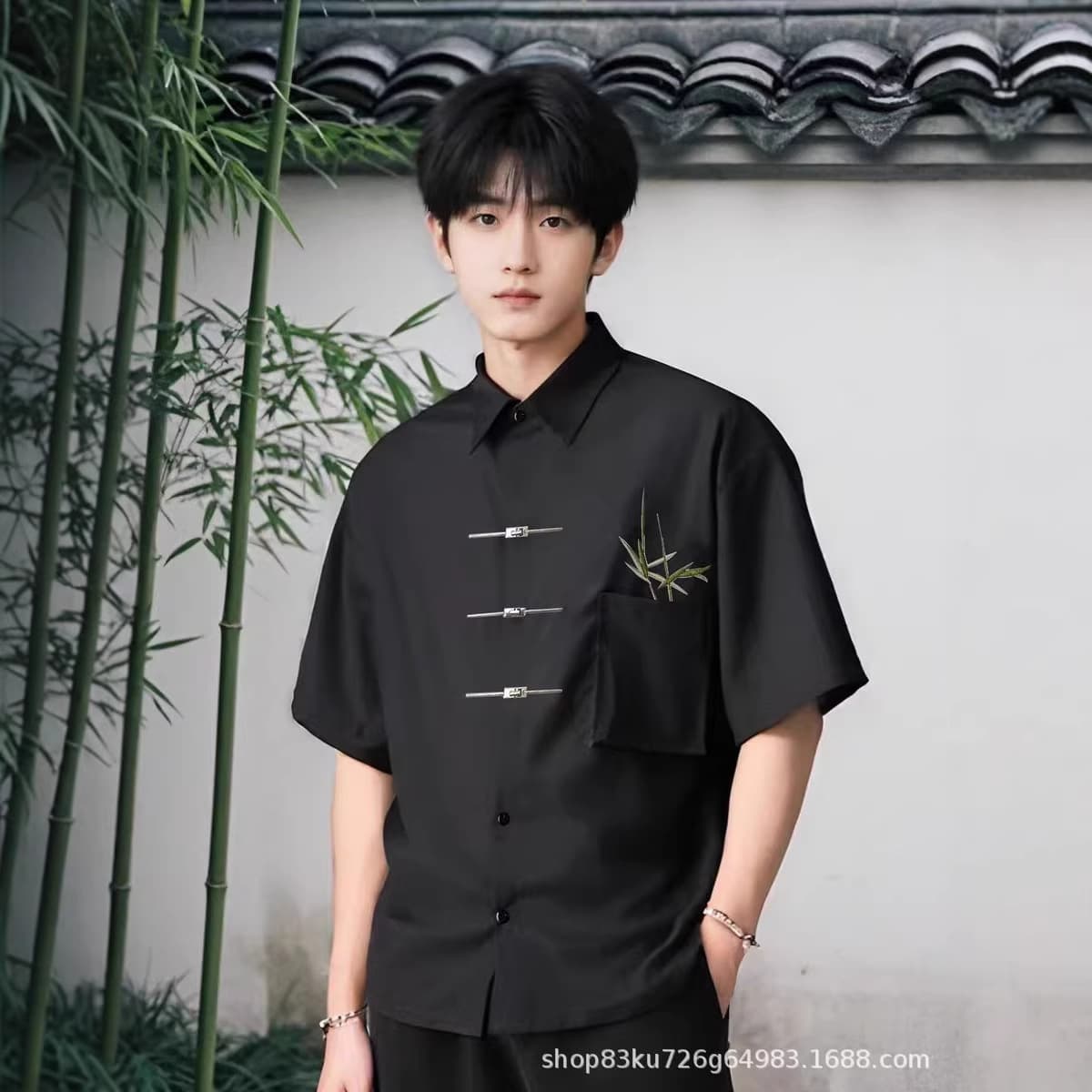 Jinzao Chinese-style Casual Long Sleeve Short Sleeve Shirt for Men, Chinese Style Metal Button Shirt, Drape, Loose Fit, Embroidery Shirt