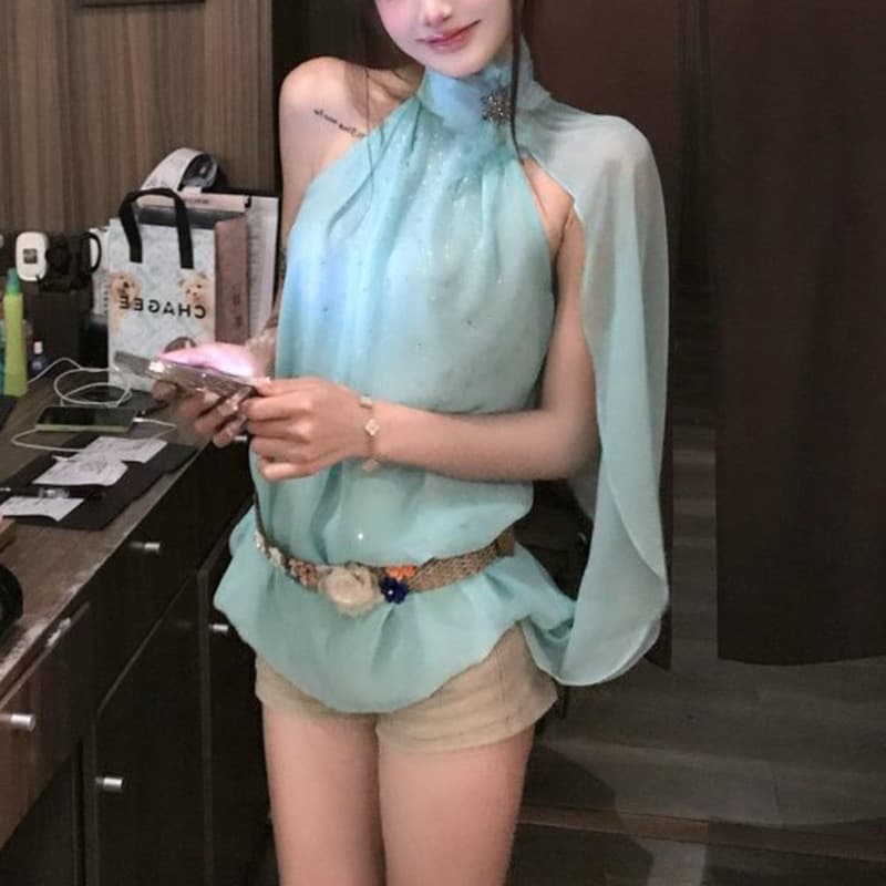 Sweet Lady Heavy Craft Flower Sleeveless Halter Vest Top for Women Summer Pure Desire Style Socialite Loose Slimming Chiffon Blouse