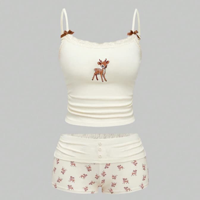 Cross-border Europe and America Summer Deer Floral Print Hot Girl Lace Trim Cute Youth Bare Back Crop Top and Shorts Set