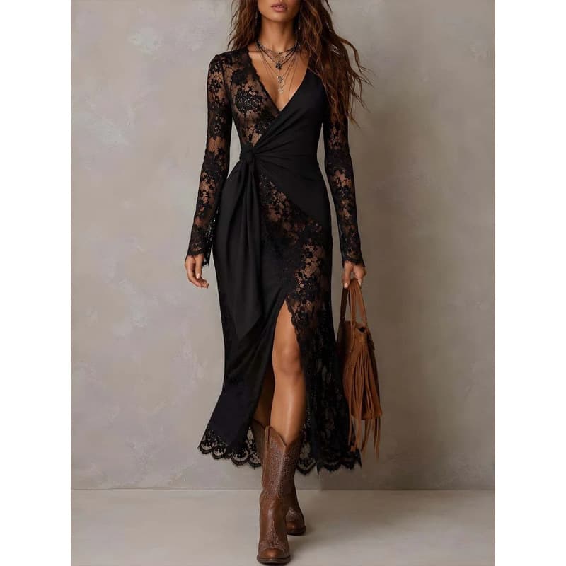 Retro Western style deep wrap lace long dress with tie waist and see-through slit sexy long-sleeved dress