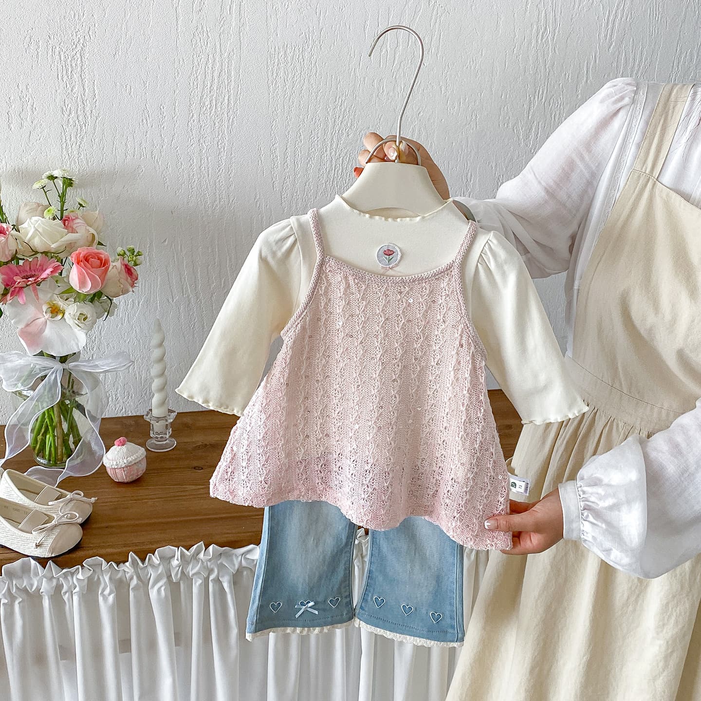 Dianxi Baby Autumn New Base Shirt Girls Knit Cami Dress Embroidered Hem Denim Flared Pants 3-Piece Set
