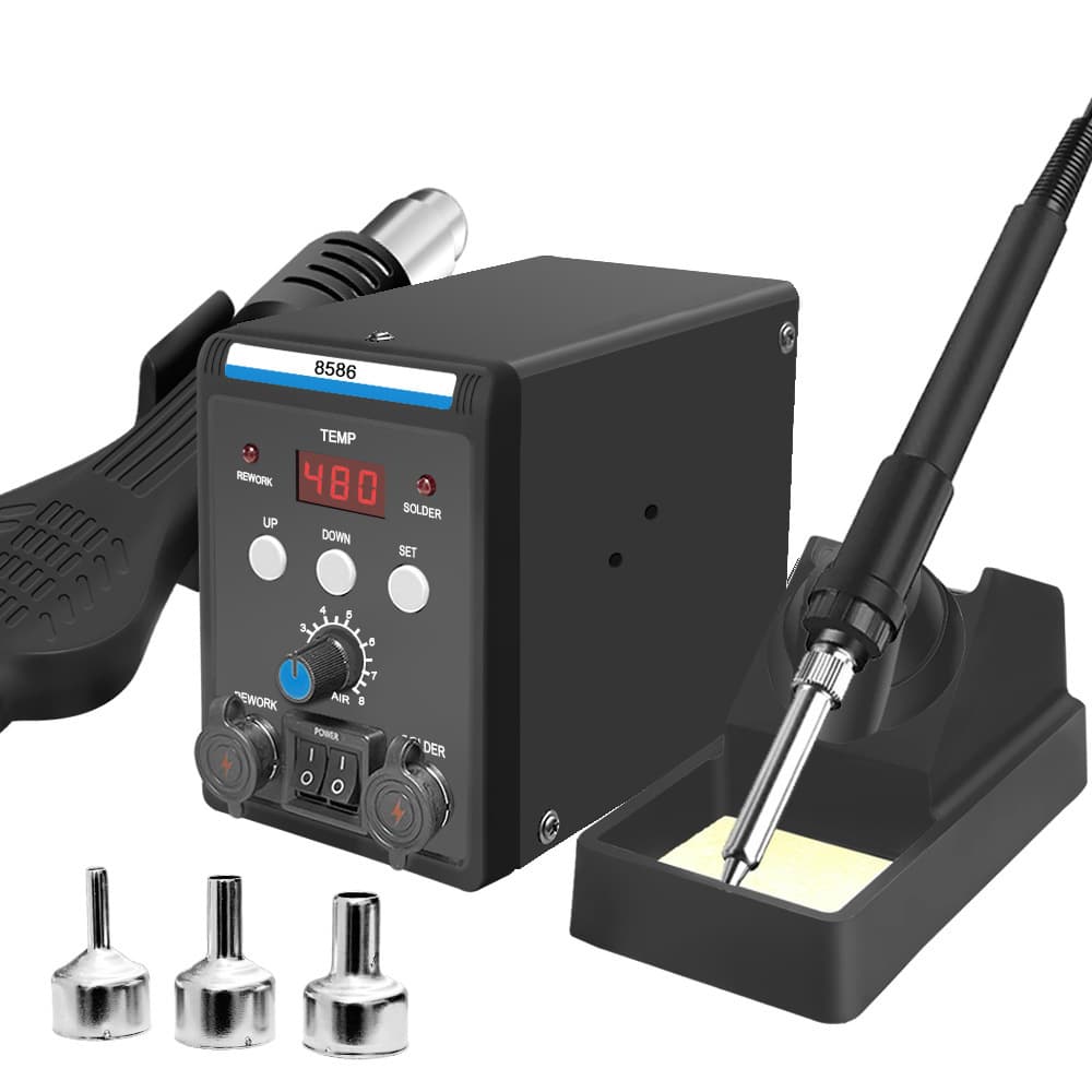 8586 Black Digital Display Hot Air Gun Soldering Station 2-in-1 Adjustable Temperature 936 Electric Soldering Iron Welding Tool with Auto Sleep