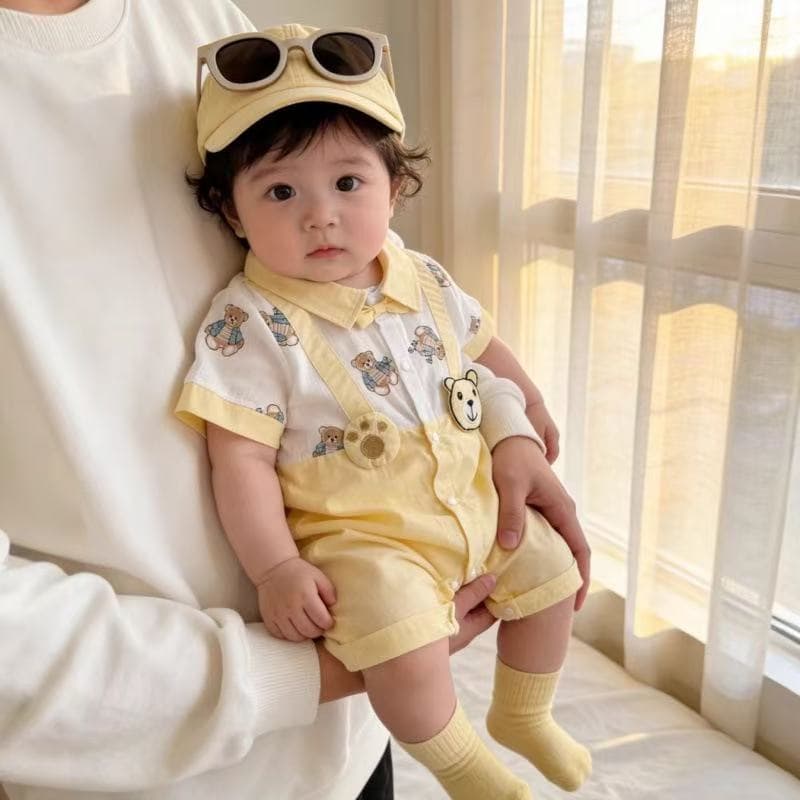 Summer new style newborn baby baby yellow lapel front open bear jumpsuit romper outdoor clothing
