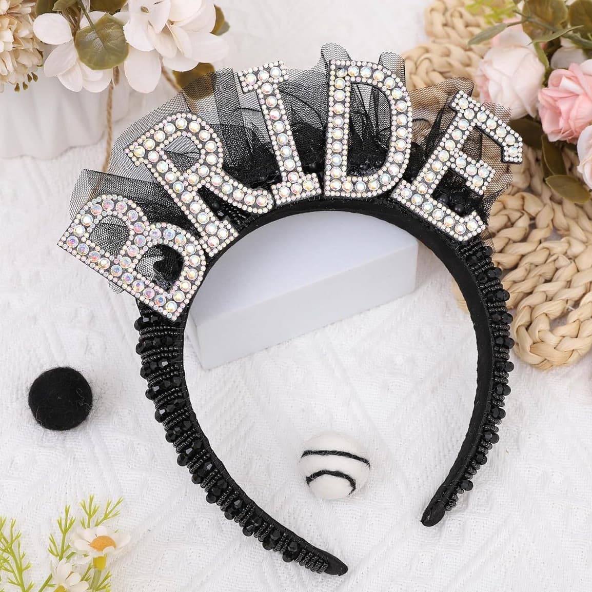 New Cross-Border Bachelorette Party Bride Pearl Headband Double-Layer Veil Bride Party Accessories Metal Headband