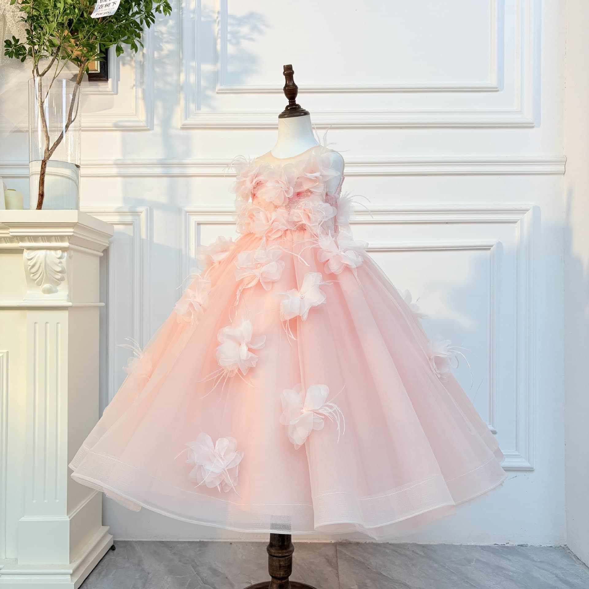 3D Floral Girls Princess Dress High-End Flower Girl Wedding Dress Children's Birthday Runway Piano Performance Tutu Tulle Skirt