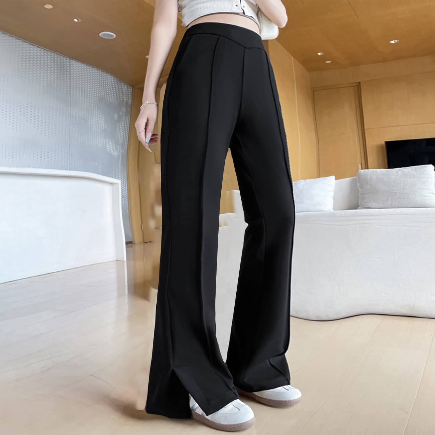 Plus Size Women's High-Waist Flared Split Long Pants for Summer, Black, Size 3521, Slimming Fit for 240 lbs