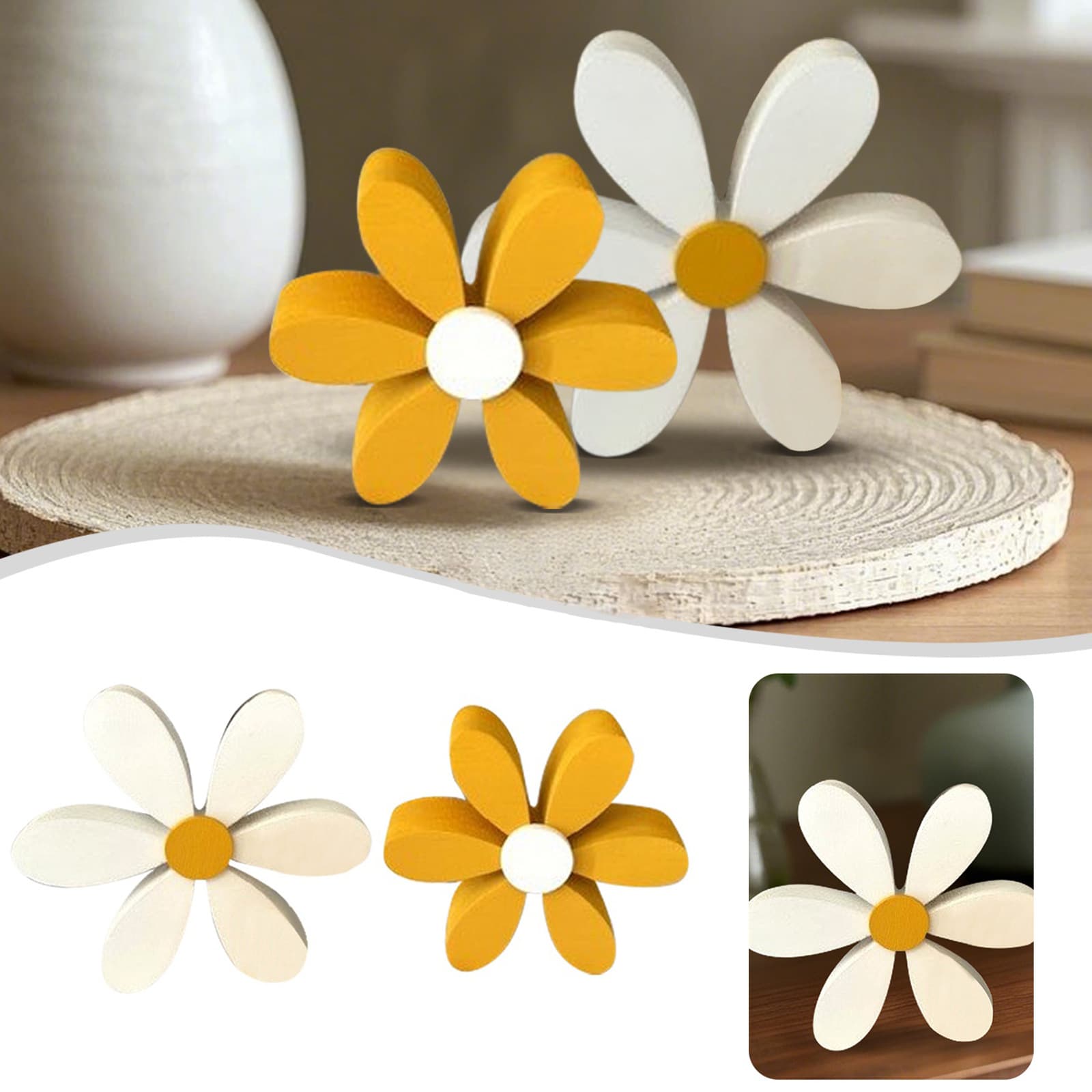 Bee Festival Creative Yellow and White Daisy Wooden Ornaments 3D Three-Dimensional Small Flowers Spring Home Atmosphere Decoration Set