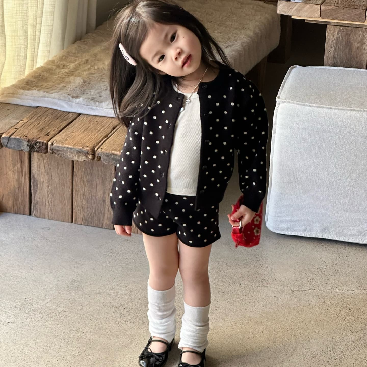 2026 Spring New Children's Clothing Korean Style Girls' Polka Dot Cardigan + Shorts Fashion Knit Set
