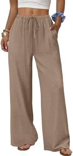 Sampeel Women's Wide Leg Pants Flowy Wide Leg Drawstring Elastic Waist Pants with Pockets Summer Beach Vacation Outfit
