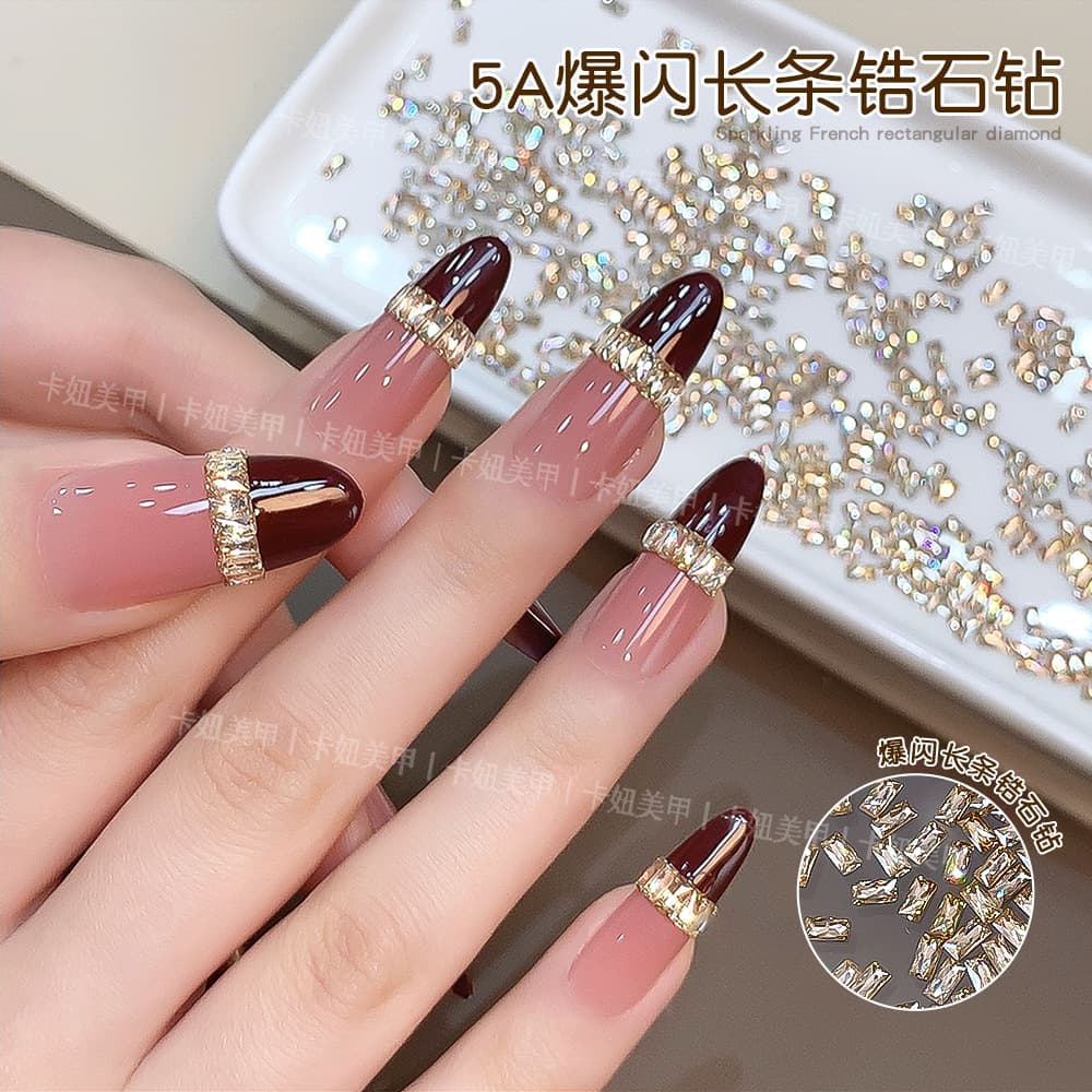 Autumn/Winter Flash Champagne Silver Long Strip Nail Rhinestones High Quality Huazi Cut 5A Flat Bottom Zircon Nail Art Accessories Wholesale