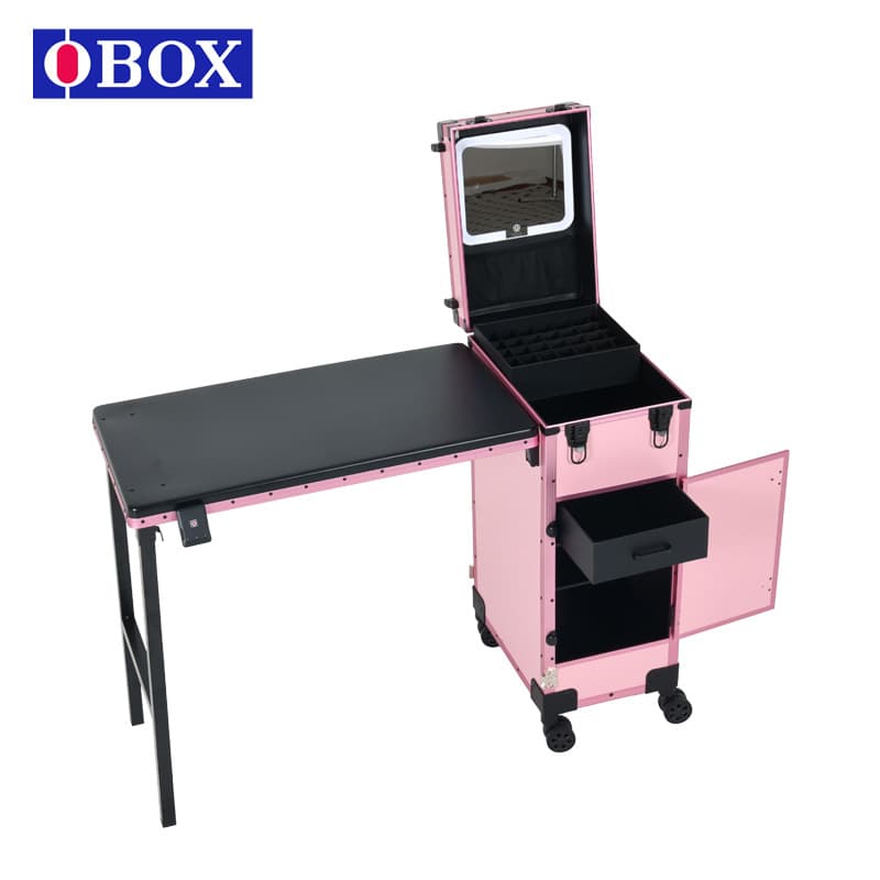 Customizable Professional Makeup Case with Folding Design, Layered Storage, Swivel Wheels, and Mobile Follow-Up Makeup Station