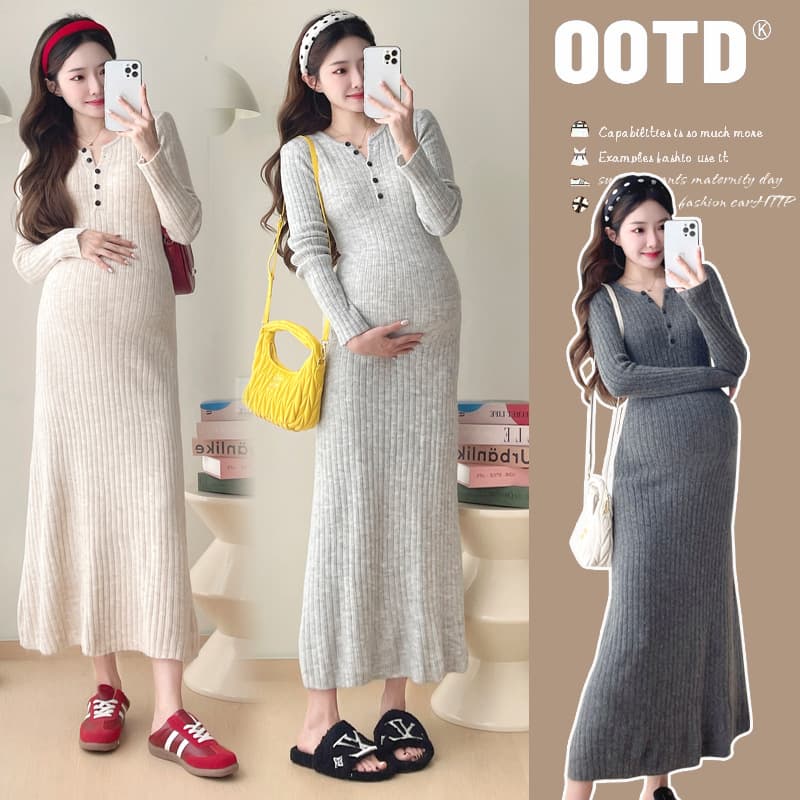 Spring and Autumn Sweater Maternity French Knitted Ribbed Inner Layer Long Dress