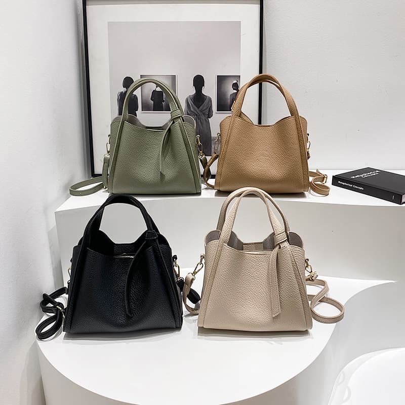 Soft leather women's handbag bag women's 2025 vegetable basket shoulder bag simple crossbody bag atmospheric litchi pattern bucket bag
