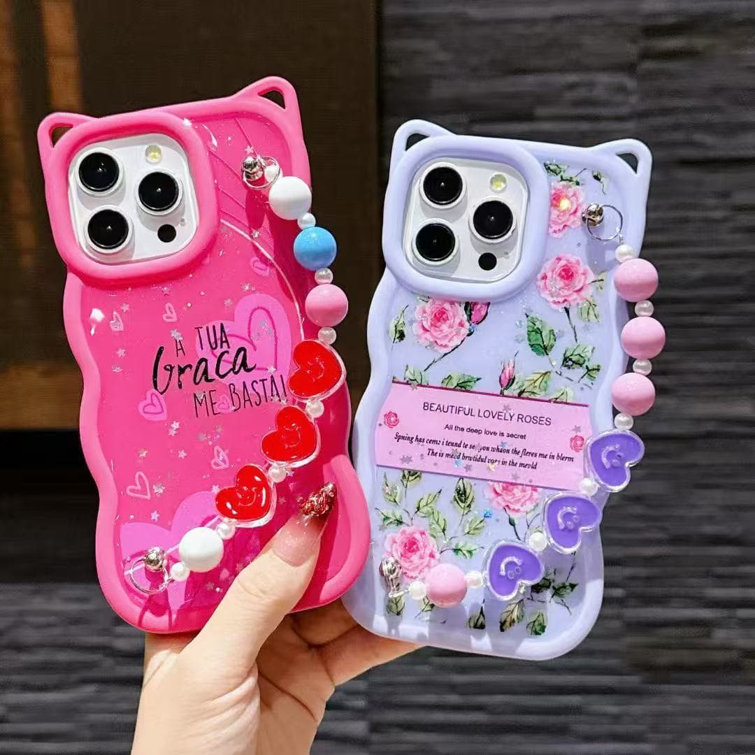Cute Cartoon Cat Ear Macaron Flower Butterfly Pattern Pearl Bracelet Wrist Strap Phone Case for Apple