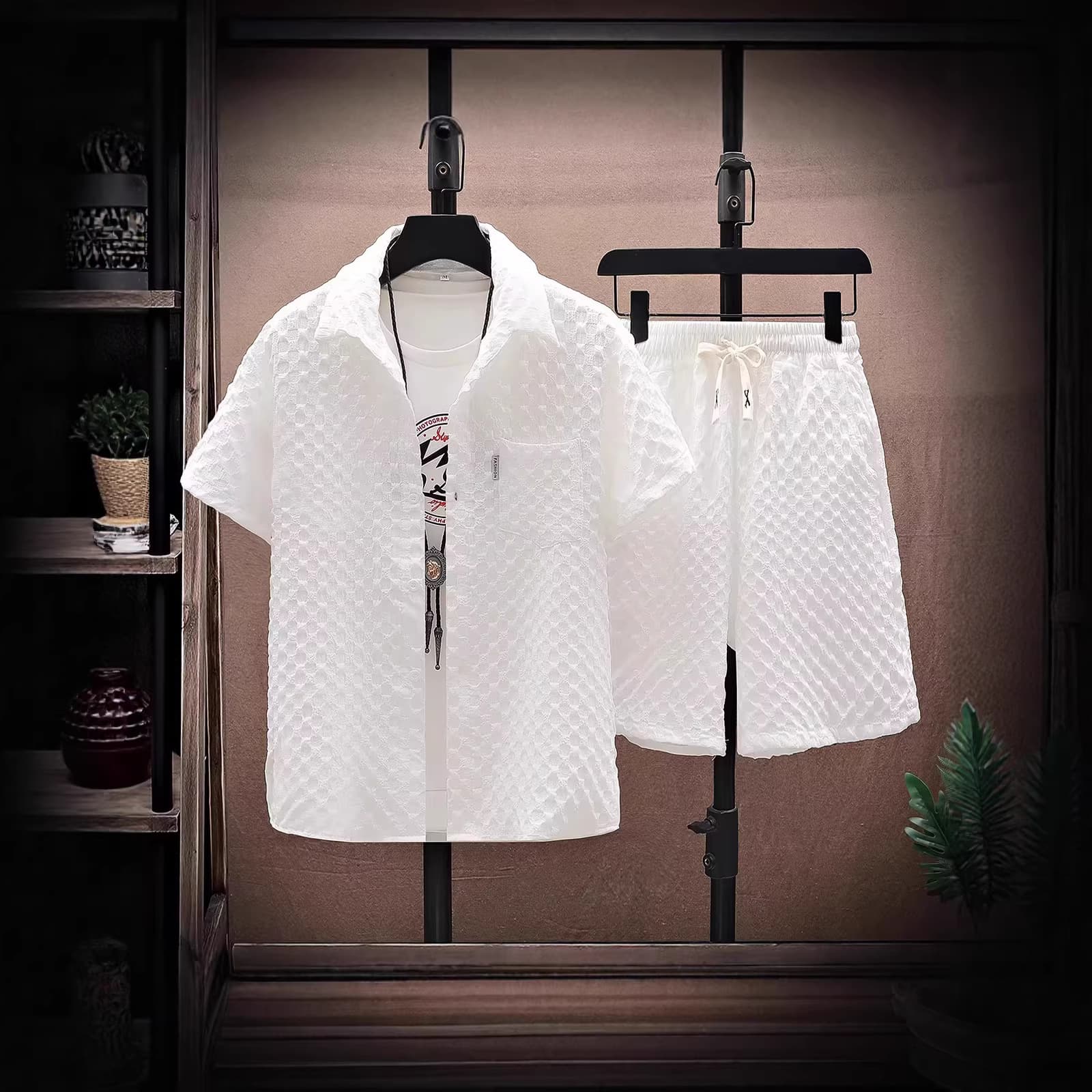 Ice Silk White Short Sleeve Shirt Set for Men Summer Trendy Five-Point Shorts Premium Sport Casual Two-Piece Set