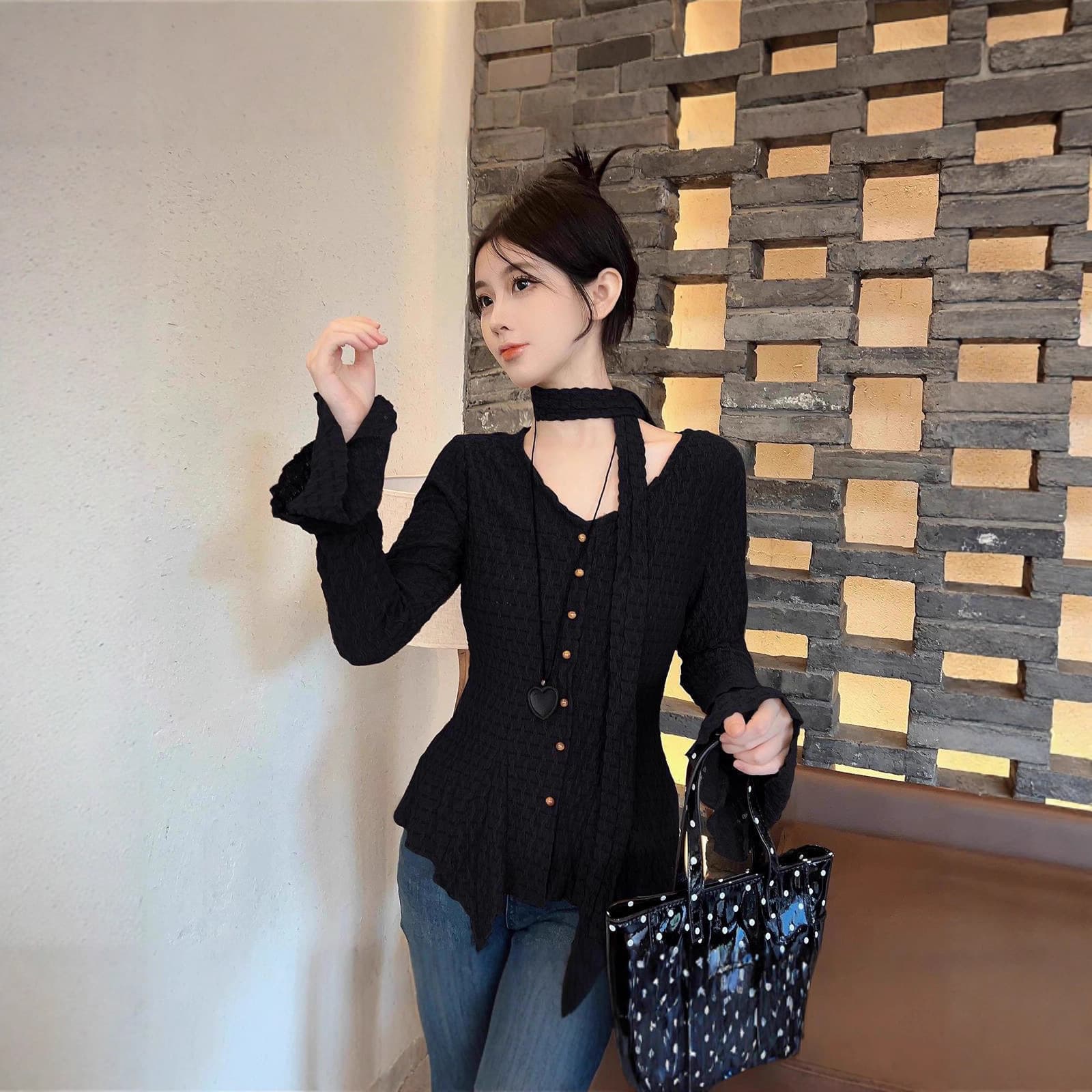 Autumn Slim Fit Tie-Waist Blouse with French V-Neck and Flared Sleeves for Women