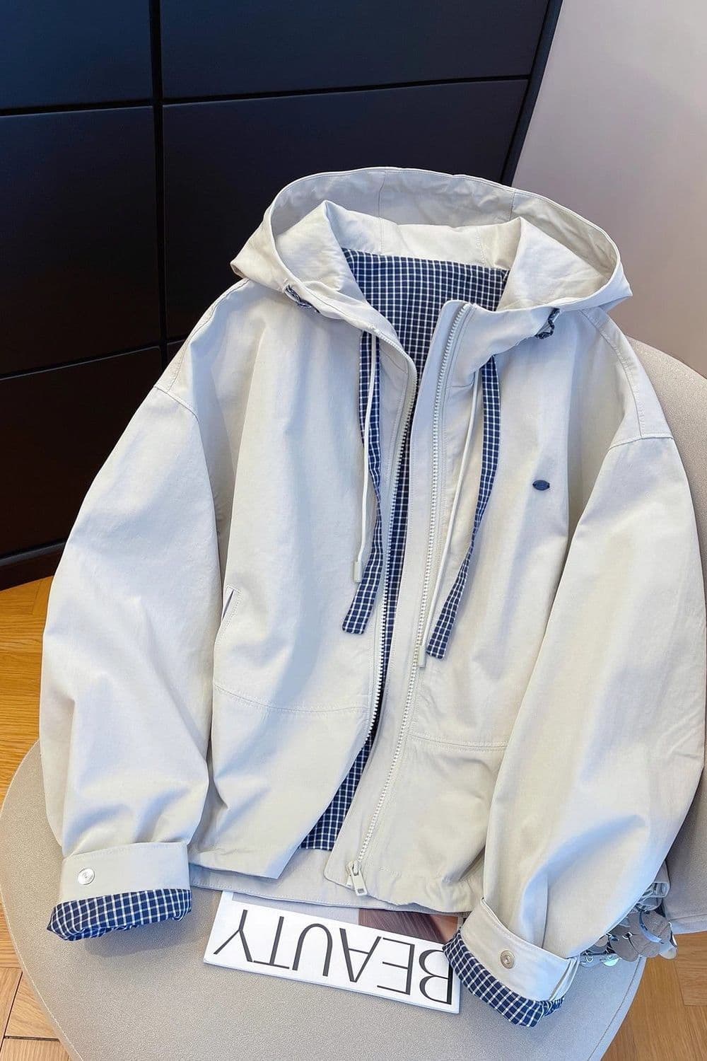 Korean Style Grid Lining Hooded Coat Women 2025 Autumn Loose Versatile Casual Commute Fashion Jacket Top