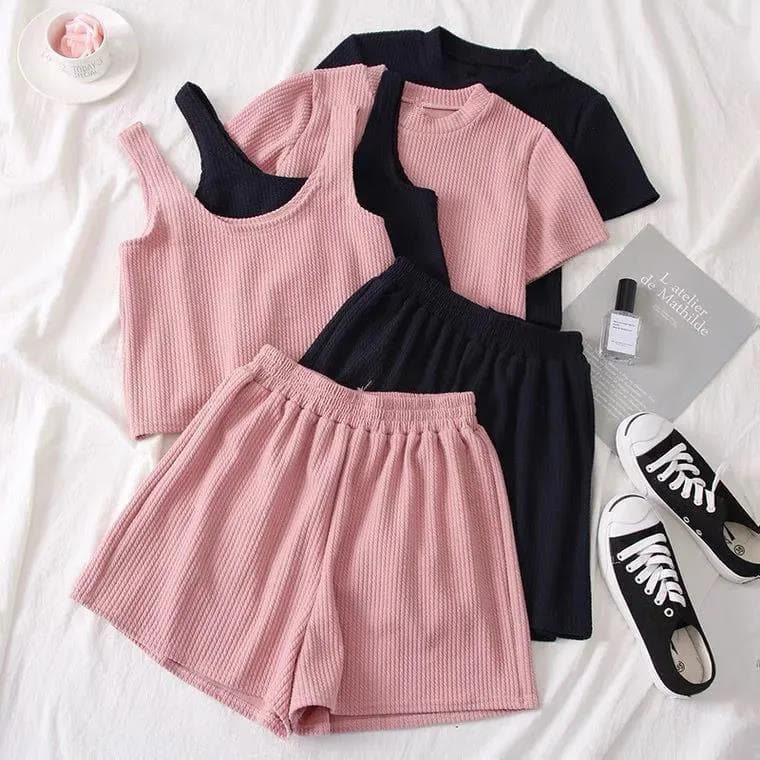 Wholesale Waffle Knit Short Sleeve T-Shirt Three-Piece Set with Loose Wide-Leg Shorts, Casual Sporty Style, Age-Defying Relaxed Fit Set from Factory