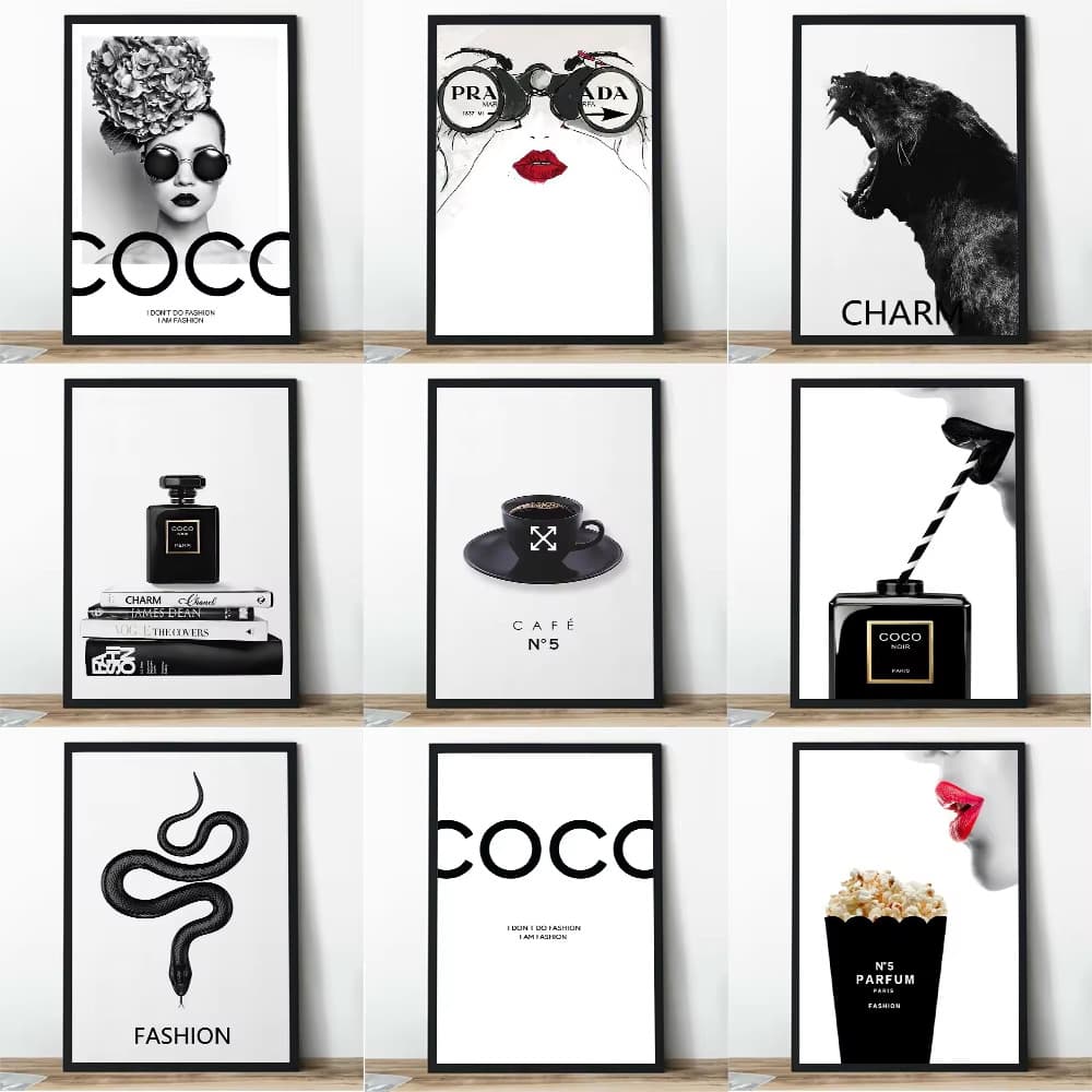 Black and White Fashion Perfume Woman Leopard Poster Closet Bedroom Living Room Canvas Decorative Art Print Frameless